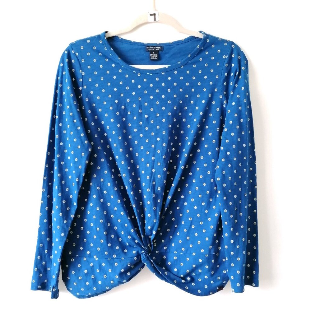 Us Polo Assn. Womens Blue Round Neck Twisted Hem Micro Floral Blouse Size S